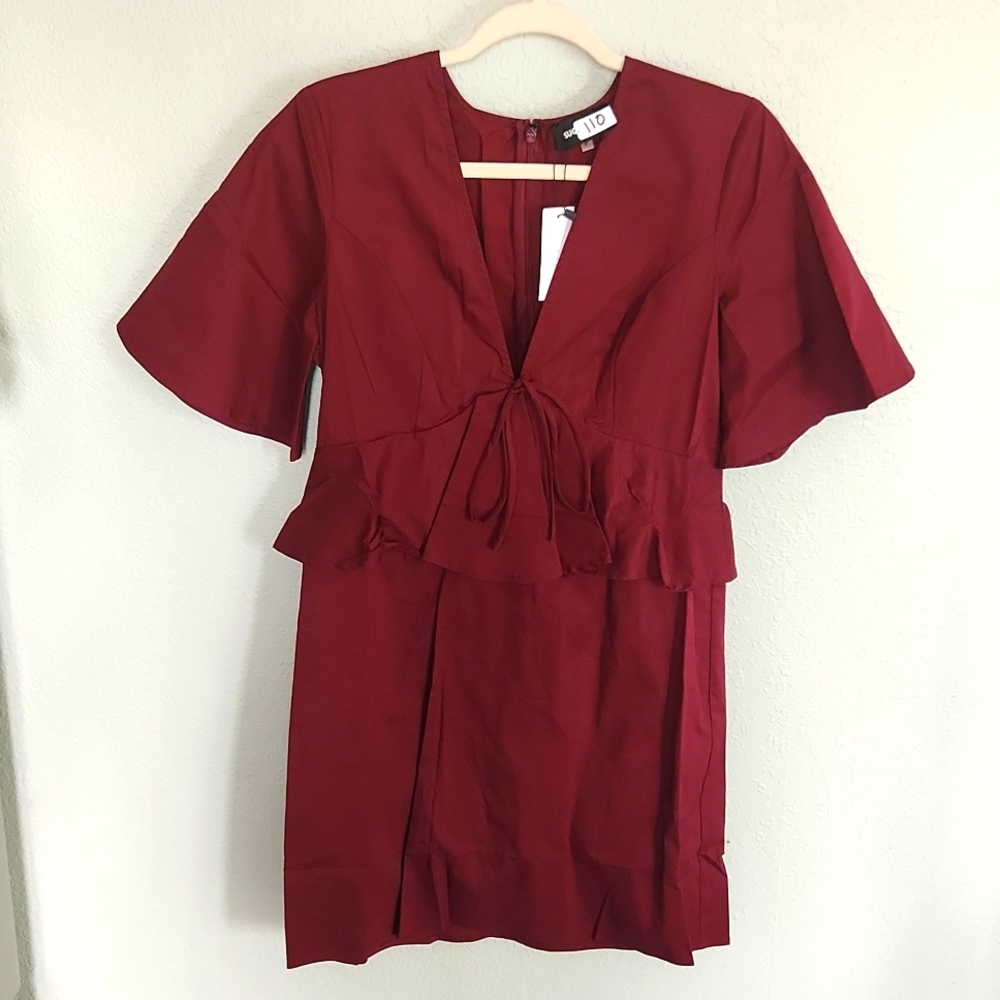 Wine V neck ruffle dress